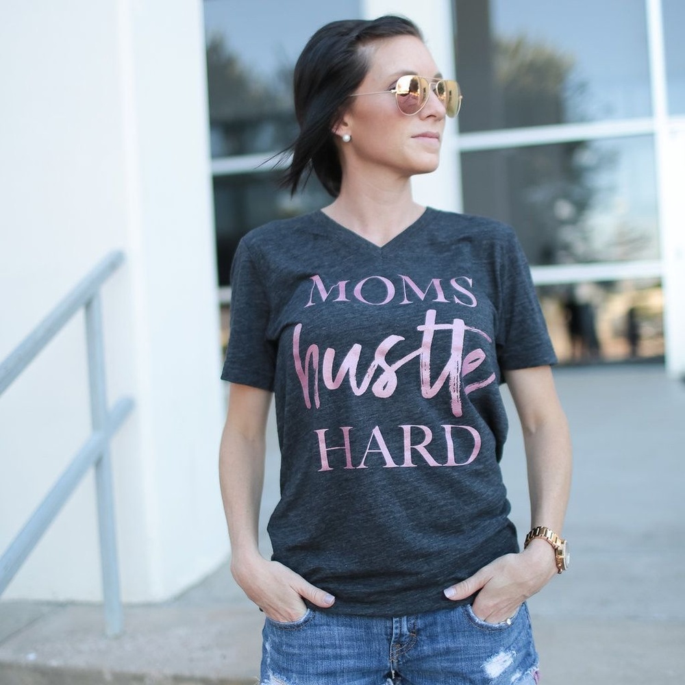 Moms Hustle Hard V-Neck T-Shirt - Picture 1 of 5